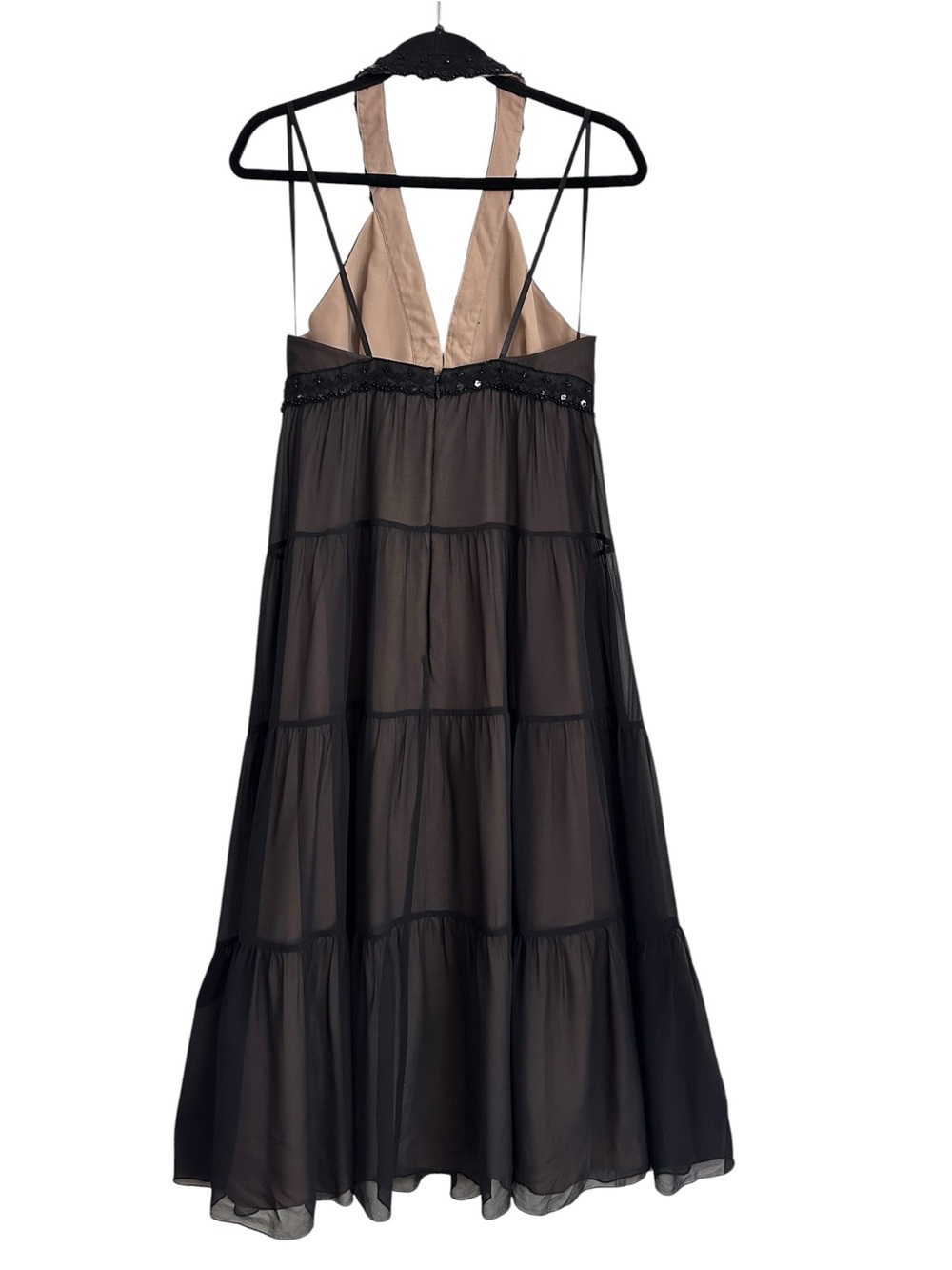 BCBG Paris Black Silk Beaded Halter Maxi Dress Tiered Y2K Evening Cocktail Sz 8‎ - Picture 3 of 14